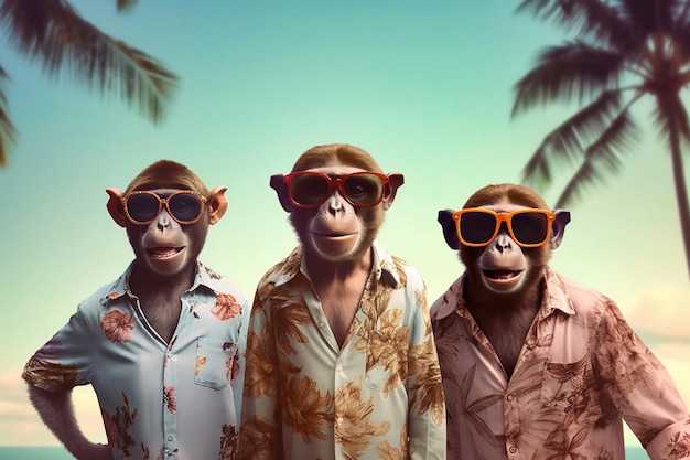 Feliz grupo de monos tailandeses antropomórfico vibrante de fondo, IA generativa