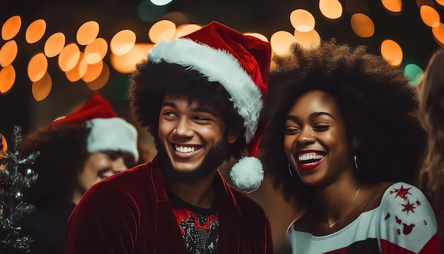 Feliz grupo multiétnico divirtiéndose en la fiesta de la noche de Navidad con sombrero de Papá Noel