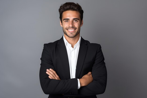 Feliz y guapo hombre de negocios contra un fondo minimalista