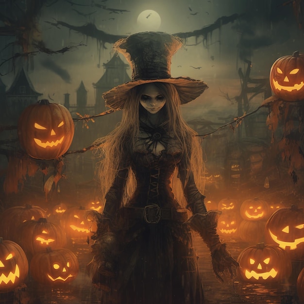 Feliz Halloween Abóboras de Halloween Coroa de bruxa de halloween usando chapéu Ai Gerado