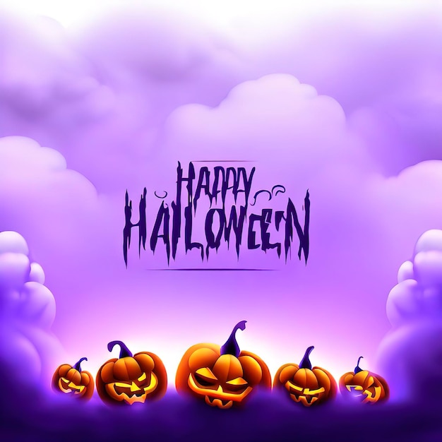 Feliz Halloween banner o fondo de invitación a una fiesta con nubes de niebla violeta y calabazas