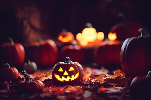 Feliz halloween con calabaza jack o 'lantern y luz brillante en el fondo oscuro vacaciones de octubre