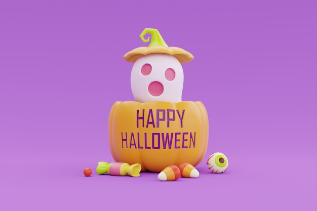 Feliz Halloween con calabazas JackoLantern coloridos dulces y fantasmas sobre fondo púrpura tradicional representación 3d de vacaciones de octubre