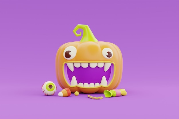 Feliz Halloween con carácter de calabazas JackoLantern y dulces coloridos sobre fondo púrpura 3d renderizado