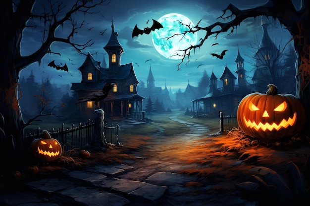 Feliz Halloween com abóboras Celebração assustadora e decorações assustadoras Configuram a cena assombrada
