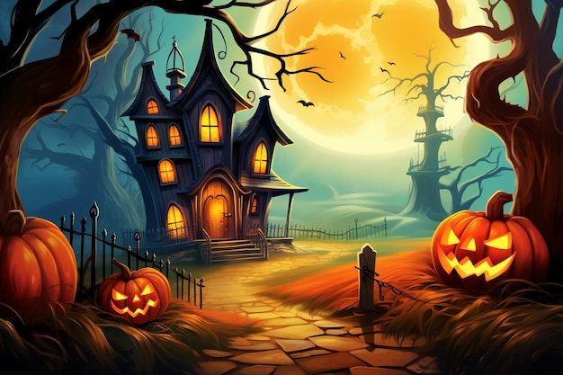 Feliz Halloween com abóboras Celebração assustadora e decorações assustadoras Configuram a cena assombrada