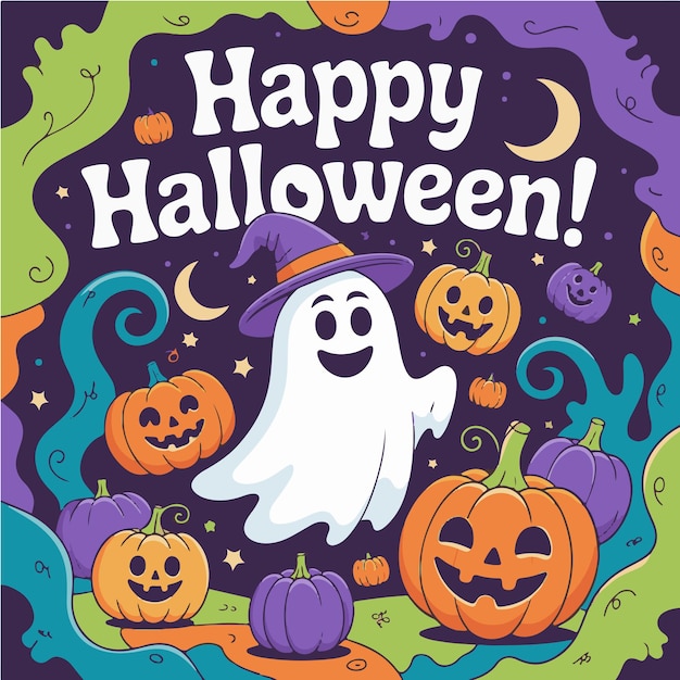 Feliz Halloween com um fantasma bonito e abóboras