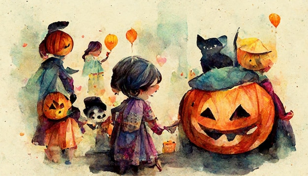 ¡Feliz Halloween! Estilo de niños divertidos de acuarela en disfraces festivos, calabazas.