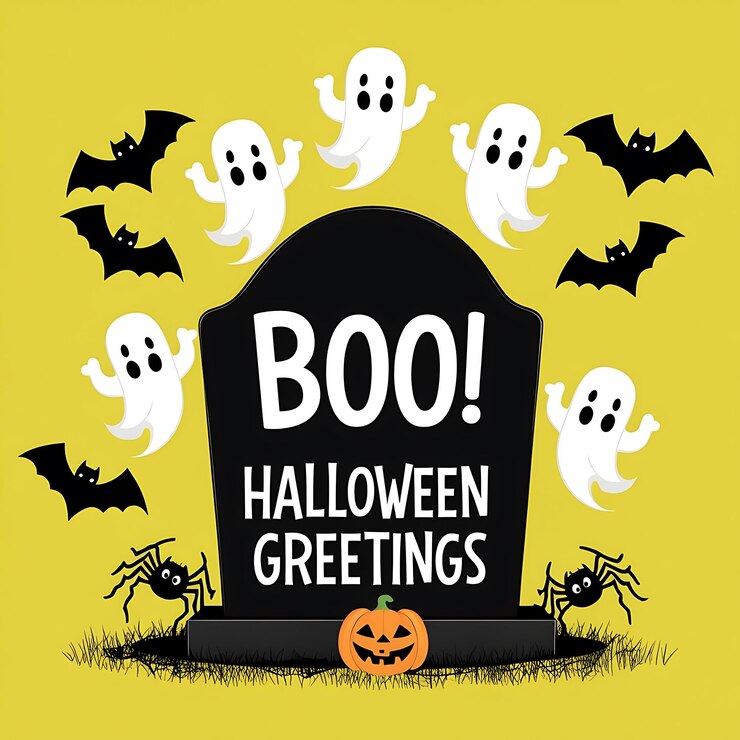 Feliz Halloween Fantasmas arañas murciélagos volando alrededor boo lápida arte ai generado