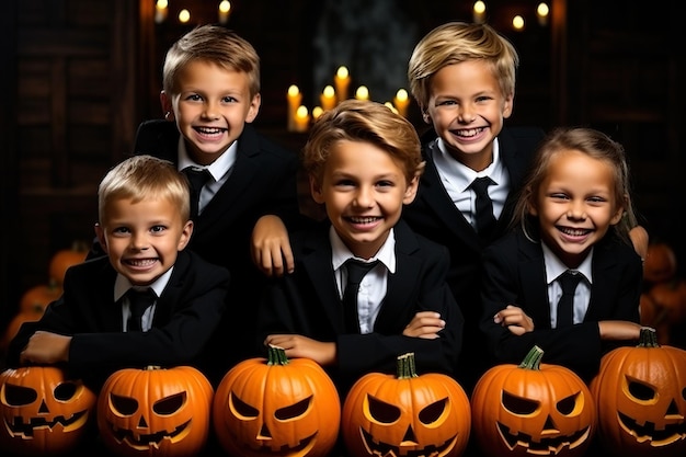 ¡feliz Halloween! un grupo de niños con traje y calabazas en la casa