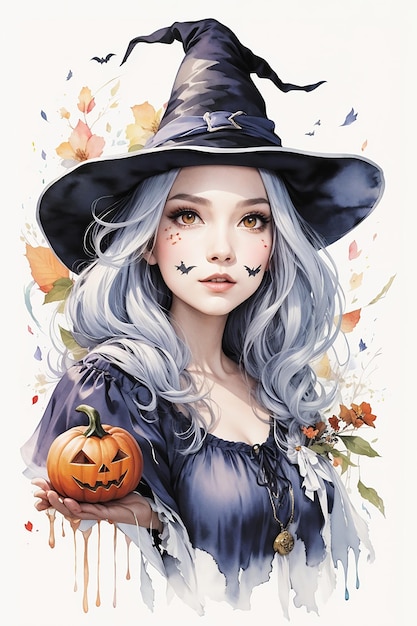 Feliz Halloween hermosa bruja acuarela en fondo blanco
