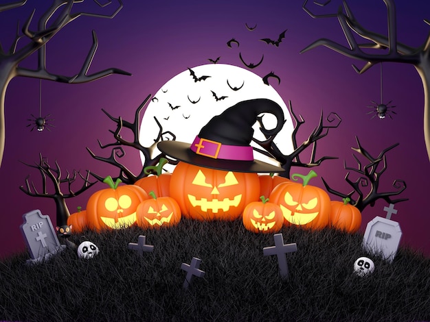 Feliz Halloween Jack O Lantern en el cementerio en una noche de luna llena ilustración 3d