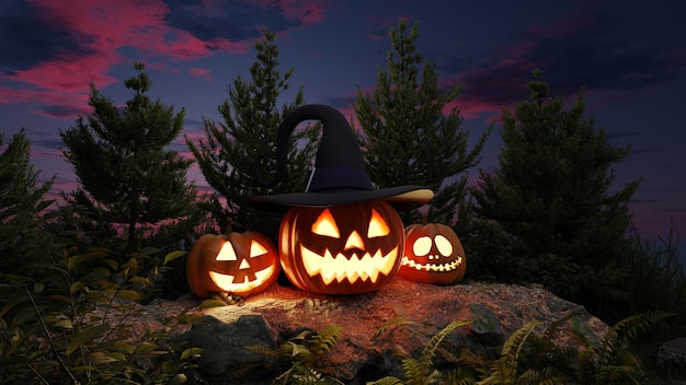 Feliz Halloween Jackolantern abóboras brilhantes no dia da floresta dos mortos fabulosas paisagens de fantasia horror mistério renderização 3d