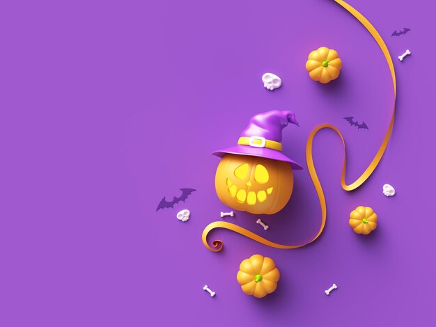 Foto feliz halloween con jackolantern calabazas sombrero de murciélago bruja y cinta sobre fondo púrpura tradicional fiesta de octubre renderizado en 3d