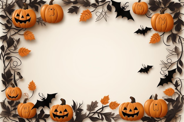 Feliz halloween maqueta plana con calabazas sobre fondo naranja composición del concepto de vacaciones de otoño vista superior con espacio de copia ai generativo