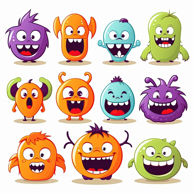 Feliz Halloween monstro silhueta colorida cabeça cara ícone conjunto linha olhos língua dente presas mãos