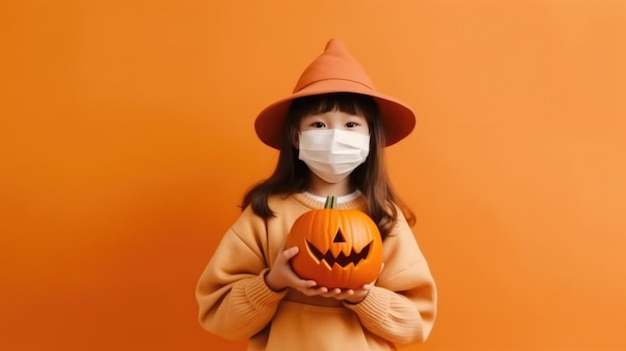 Feliz Halloween niña linda en disfraz de calabaza con máscara de protección de la cara