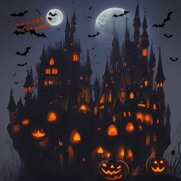 feliz Halloween con noche y castillo aterrador