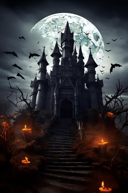 Feliz halloween con noche y castillo aterrador