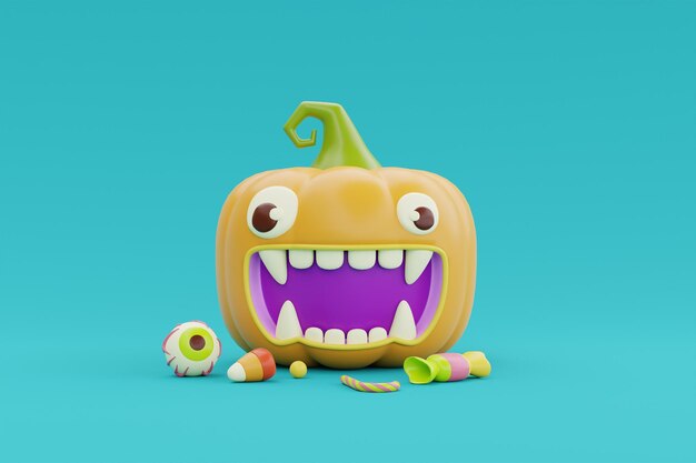 Feliz Halloween con el personaje de calabaza Jack-o-Lantern y renderizado 3d de dulces.