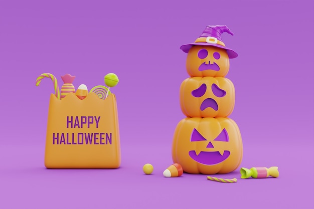 Feliz Halloween con el personaje de calabazas JackoLantern y caramelos coloridos bajo la luna sobre fondo púrpura 3d renderizado