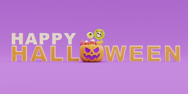 Feliz Halloween con el personaje de calabazas JackoLantern sobre fondo púrpura tradicional representación 3d de vacaciones de octubre