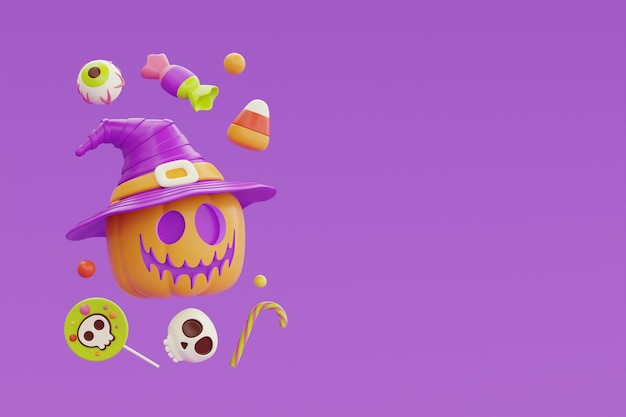 Feliz Halloween con el personaje de calabazas JackoLantern con sombrero de bruja coloridos caramelos y dulces flotando sobre fondo púrpura 3d renderizado