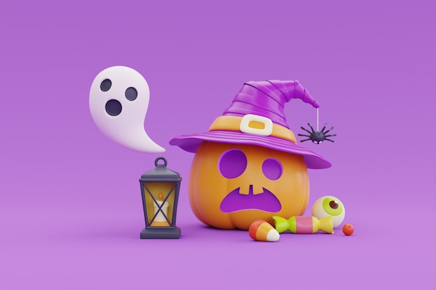 Feliz Halloween con el personaje de las calabazas JackoLantern con sombrero de bruja, linterna de caramelo y fantasma sobre fondo púrpura, representación 3d