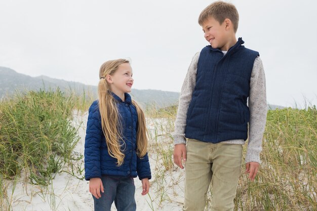 Feliz hermano y hermana en la playa