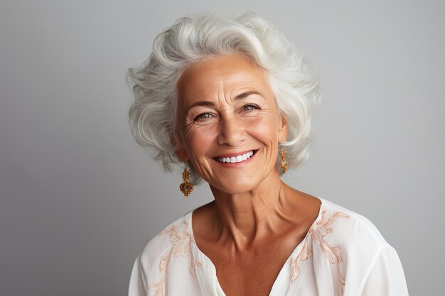 Foto feliz, hermosa, anciana y elegante anciana.