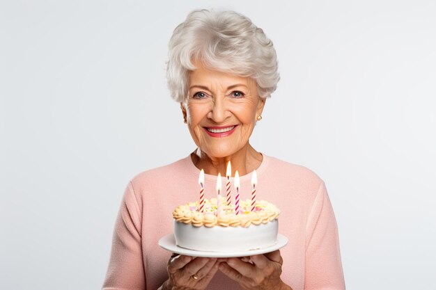 Feliz hermosa anciana sosteniendo pastel de cumpleaños con velas aisladas sobre fondo blanco limpio