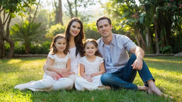 Feliz y hermosa familia en el gran jardín al amanecer.