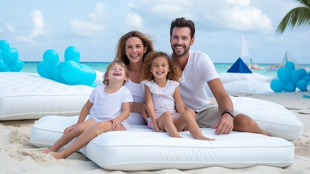 Feliz y hermosa familia en una playa blanca con colchones inflables y juguetes.