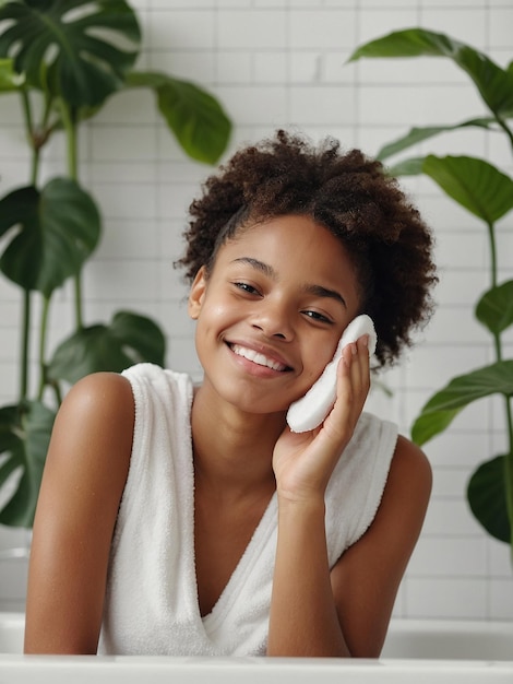 Feliz y hermosa joven afroamericana que cuida de su piel facial