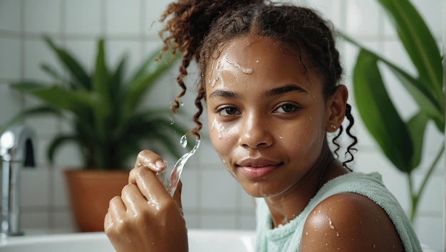 Foto feliz y hermosa joven afroamericana que cuida de su piel facial