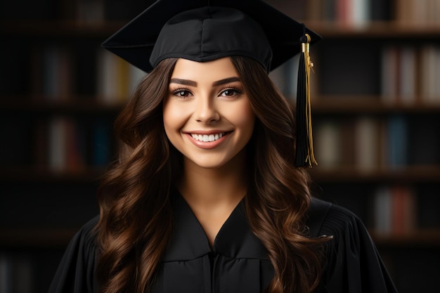 Feliz y hermosa mujer asiática graduada sonriendo con toga y birrete de graduación