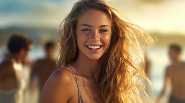 Feliz Hermosa mujer joven está sonriendo en la playa