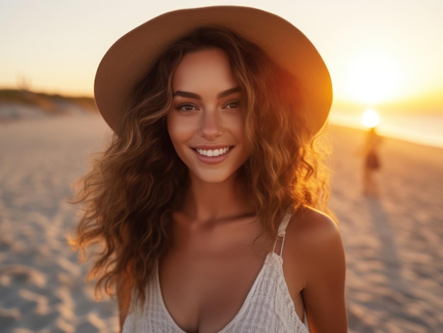 Feliz Hermosa mujer joven está sonriendo en la playa