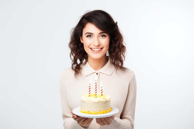 Feliz hermosa mujer sosteniendo pastel de cumpleaños con velas aisladas sobre fondo blanco limpio