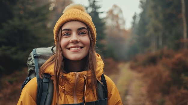 feliz hermosa niña ir de excursión en el bosque