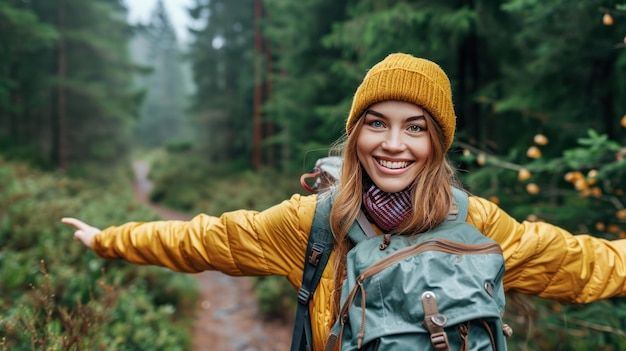 feliz hermosa niña ir de excursión en el bosque