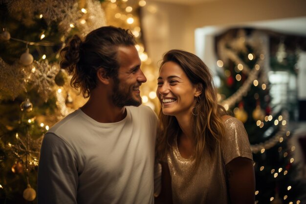 Feliz hermosa pareja celebrando la Navidad en casa