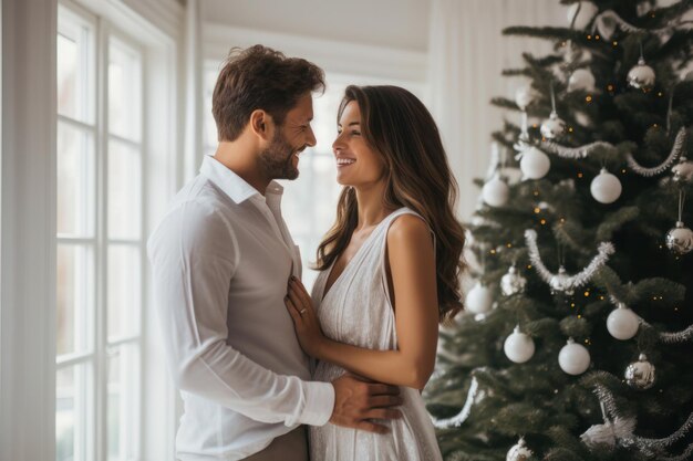 Feliz hermosa pareja celebrando la Navidad en casa