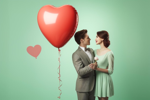 Feliz y hermosa pareja mirándose el uno al otro y sosteniendo globos el día de San Valentín