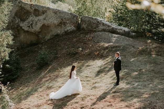 Feliz hermosa pareja de novios novia y novio en el día de la boda al aire libre en la roca de las montañas.