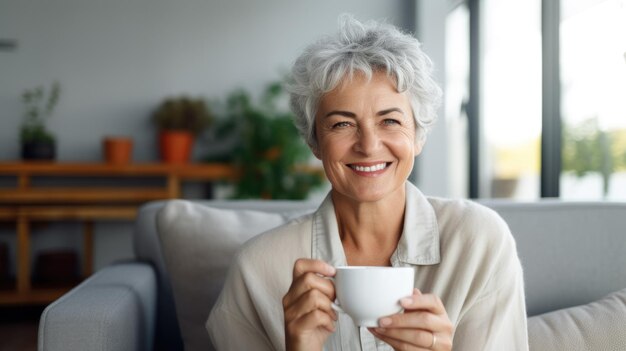 Foto feliz, hermosa, relajada, madura, mayor, adulta, mujer de cabello gris, bebiendo café, relajándose en el sofá.