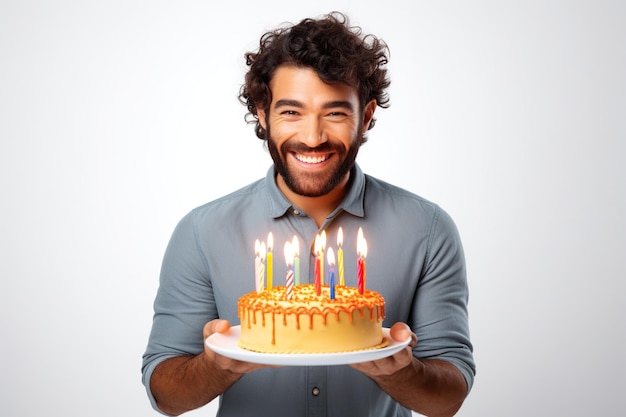 Feliz hermoso hombre sosteniendo pastel de cumpleaños con velas aisladas sobre fondo blanco limpio