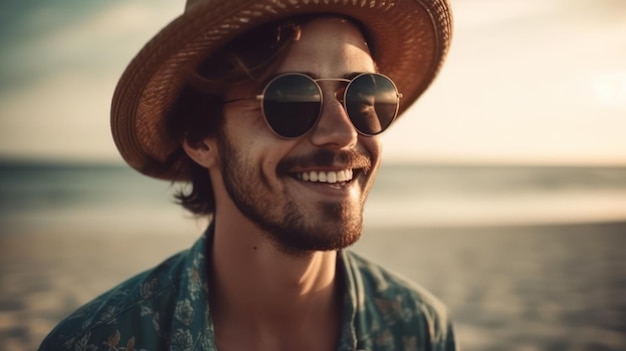 feliz, hermoso, joven, en la playa