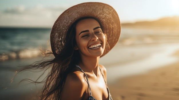 feliz, hermoso, mujer joven, en la playa