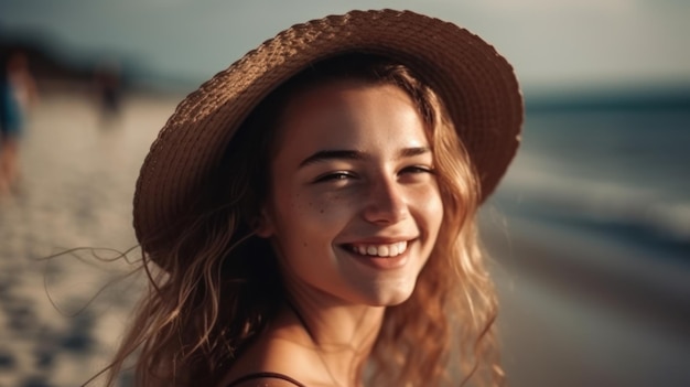 feliz, hermoso, mujer joven, en la playa